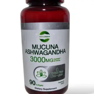 Frasco ámbar de suplemento dietario Mucuna Ashwagandha de 3000 mg con etiqueta blanca y verde, contiene 90 cápsulas blandas.
