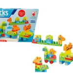 Set de 28 bloques armables coloridos para niños, incluye caja decorada y figuras de animales construidas con piezas grandes para estimular la motricidad.