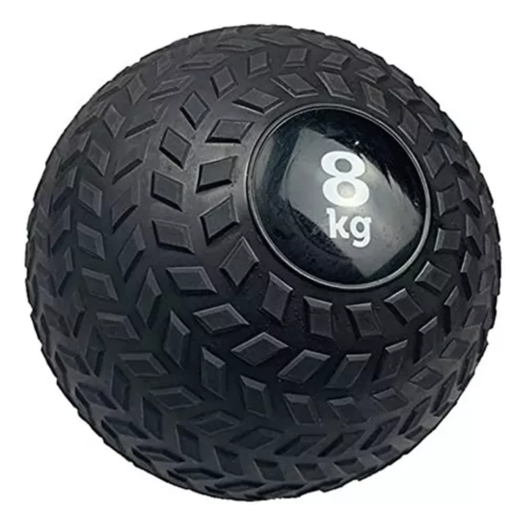 Slam ball de goma negra con textura de relieve tipo neumático y un círculo brillante con el peso de 8 kg.