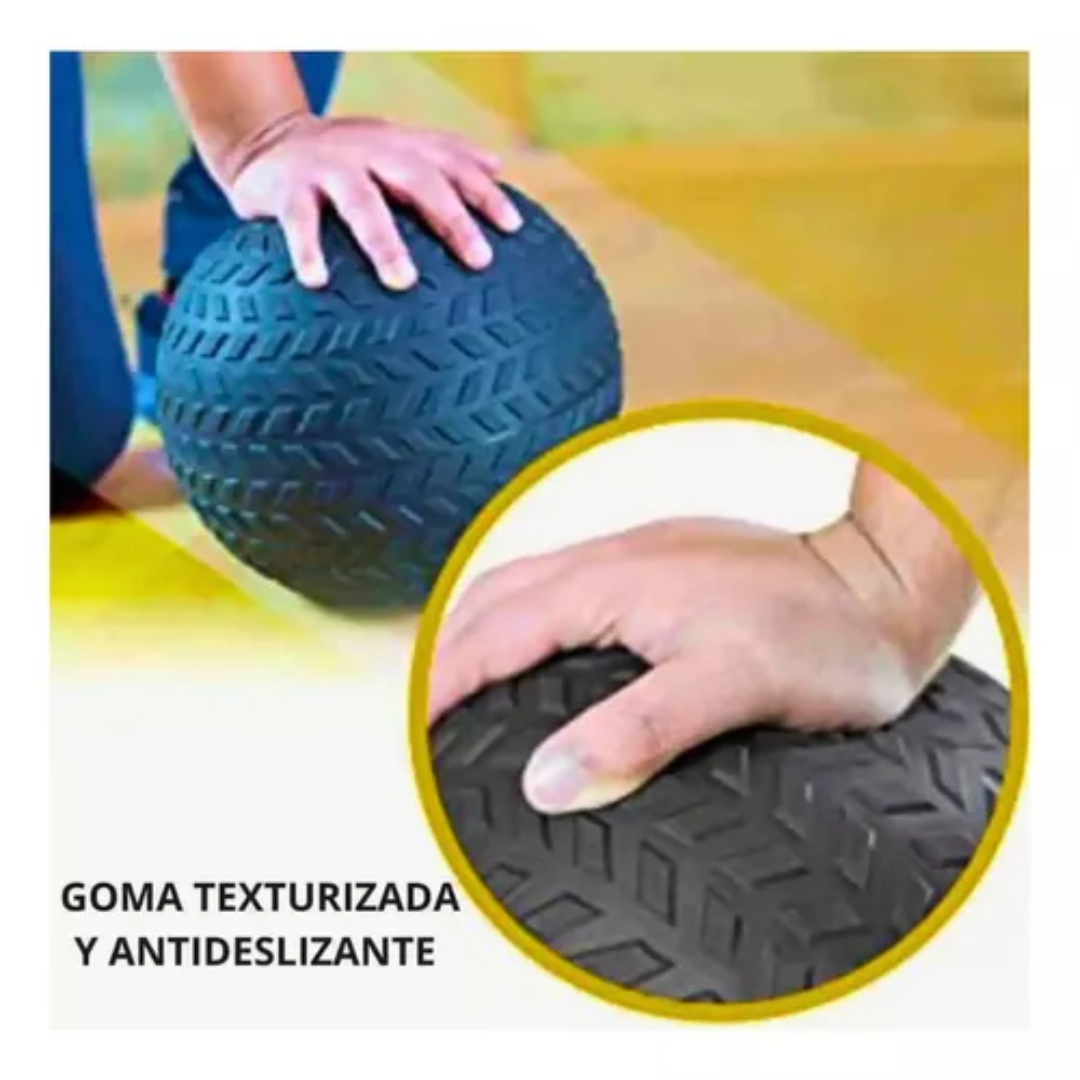 Balón medicinal slam ball de goma oscura con textura antideslizante tipo dibujo de llanta, resaltando su superficie rugosa para un agarre firme.