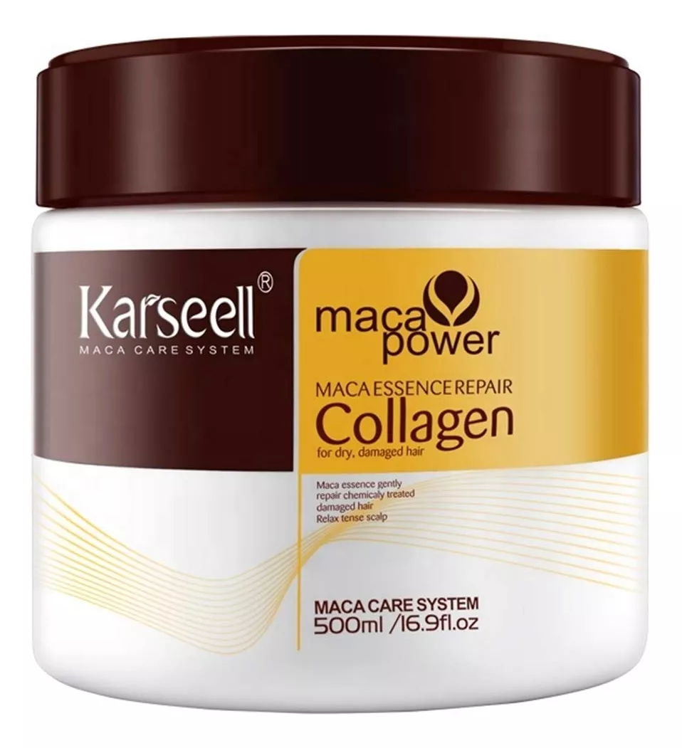 Tarro cilíndrico de 500ml de mascarilla capilar Karseell, tapa marrón oscura, etiqueta blanca y dorada con texto Maca Essence Repair Collagen.
