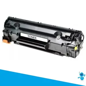 Cartucho de tóner negro para impresora láser, mostrado en ángulo lateral con etiqueta blanca central y cuerpo de plástico.