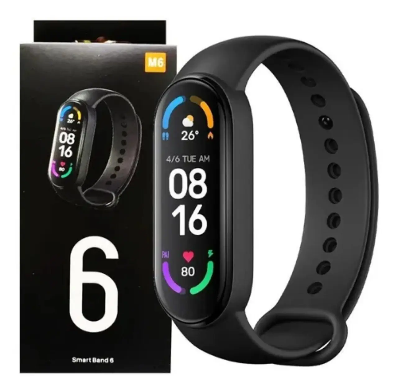 Reloj inteligente M6 negro con pulsera de silicona y pantalla ovalada a color, junto a su caja de empaque negra con el número seis en blanco.