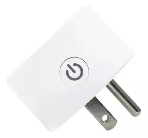 Adaptador inteligente blanco rectangular con botón de encendido central y dos clavijas metálicas en vista de perspectiva.