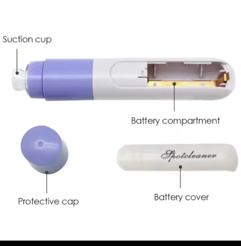 Limpiador facial de puntos negros blanco y morado con batería visible y tapa protectora separada.