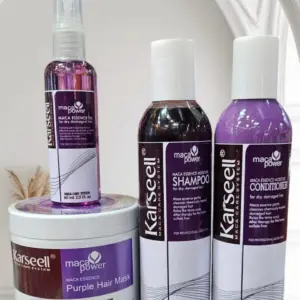 Kit Karsell de cuidado capilar morado 4 en 1 con champú, acondicionador, aceite y mascarilla para cabello dañado.