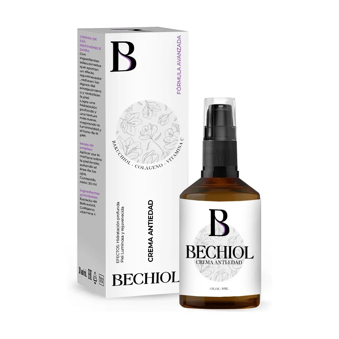 Frasco ámbar con dosificador negro y caja blanca de crema antiedad Bechiol con Bakuchiol, colágeno y vitamina C, contenido de 30 ml.