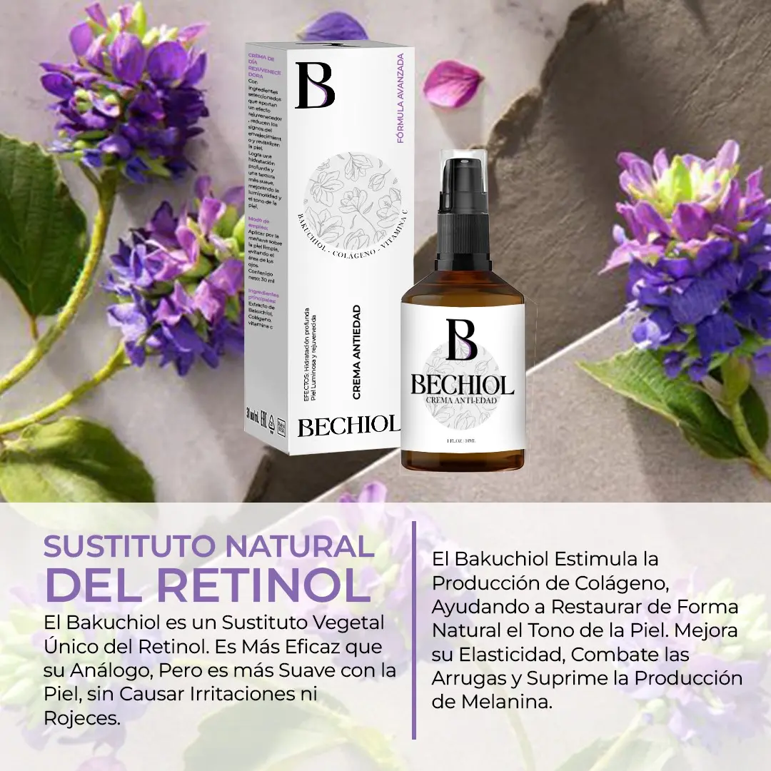 Crema antiedad Bechiol con Bakuchiol en frasco dispensador ámbar y su caja, sobre fondo de flores moradas y piedras.