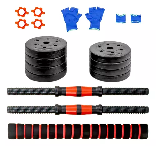 Set de mancuernas ajustables de 10kg con discos negros, dos barras roscadas, conectores, guantes azules y muñequeras, convertible en barra de pesas.