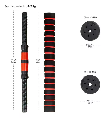 Set de pesas ajustable convertible en barra de 102 cm, incluye discos de 1.5 kg y 2 kg, mango con agarre ergonómico y peso total de 14.62 kg.