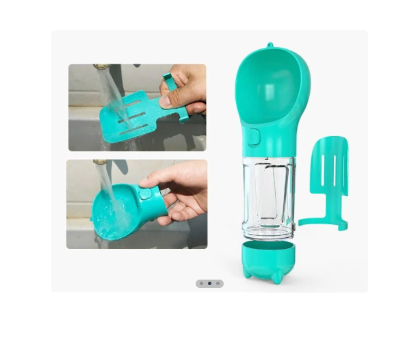 Botella turquesa 5 en 1 para mascotas con dispensador de agua, envase transparente y accesorio de limpieza, con demostración de lavado.