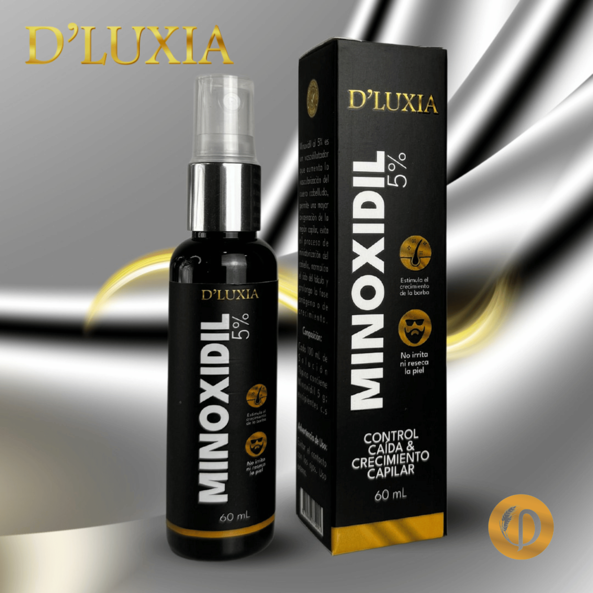 Envase atomizador y caja negra de Minoxidil D'Luxia al 5% de 60 ml para crecimiento capilar