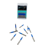 Paquete transparente con diez puntas para taladro estrella Torx de acero con cuerpo azul y puntas metálicas alineadas, junto a diez piezas sueltas distribuidas alrededor.