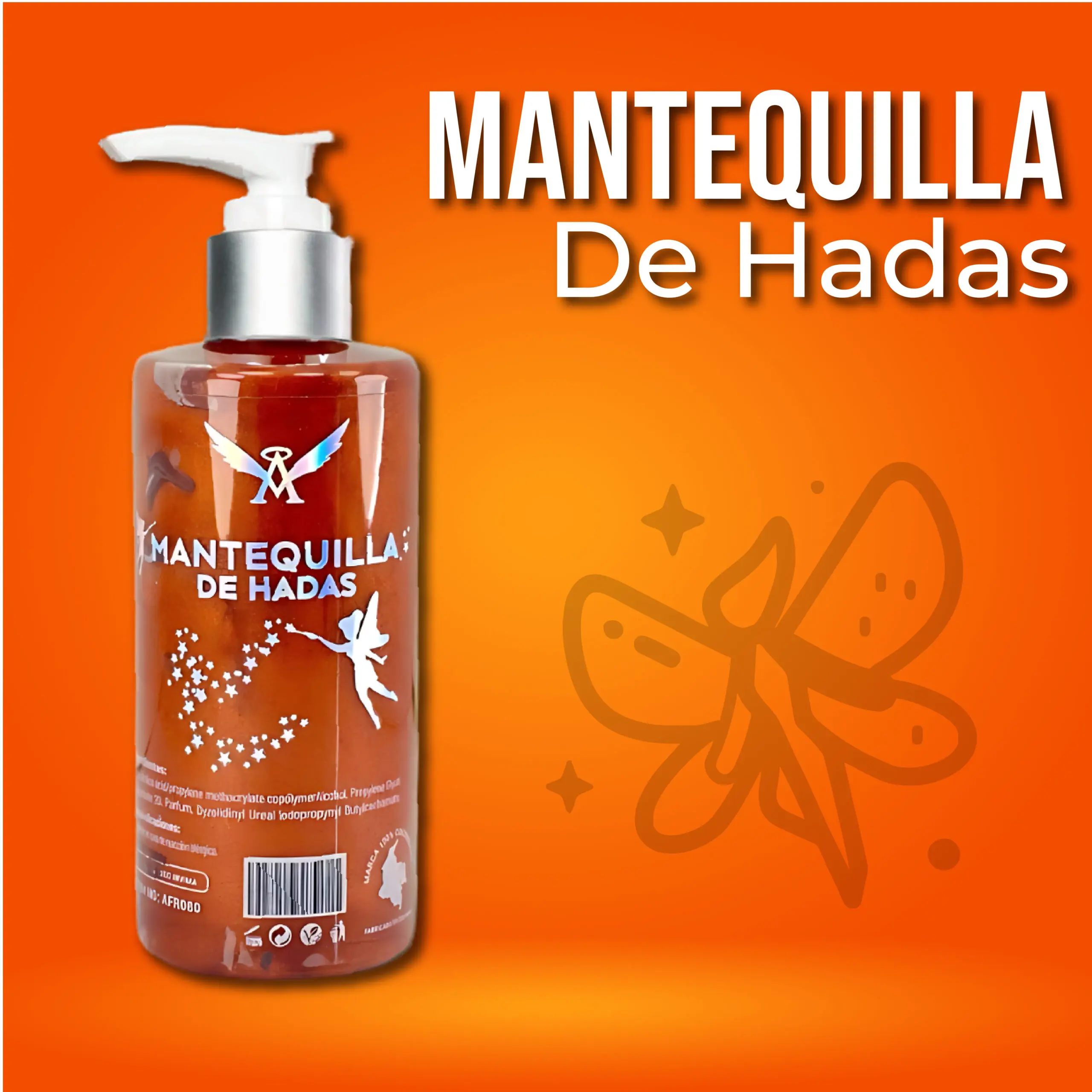 Botella dispensadora de crema corporal hidratante iluminadora Mantequilla de Hadas, en envase transparente con líquido ámbar, sobre fondo naranja.