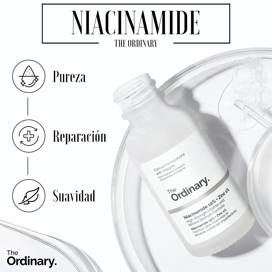 Sérum facial Niacinamida 10% y Zinc 1% de The Ordinary en frasco de vidrio esmerilado con gotero, junto a platos de vidrio y gotas transparentes.