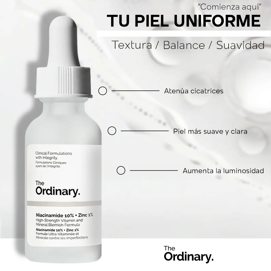 Frasco gotero de vidrio traslúcido de The Ordinary Niacinamide 10% y Zinc 1% de 30 ml con etiqueta blanca, rodeado de texto promocional en español sobre textura, balance y luminosidad de la piel.