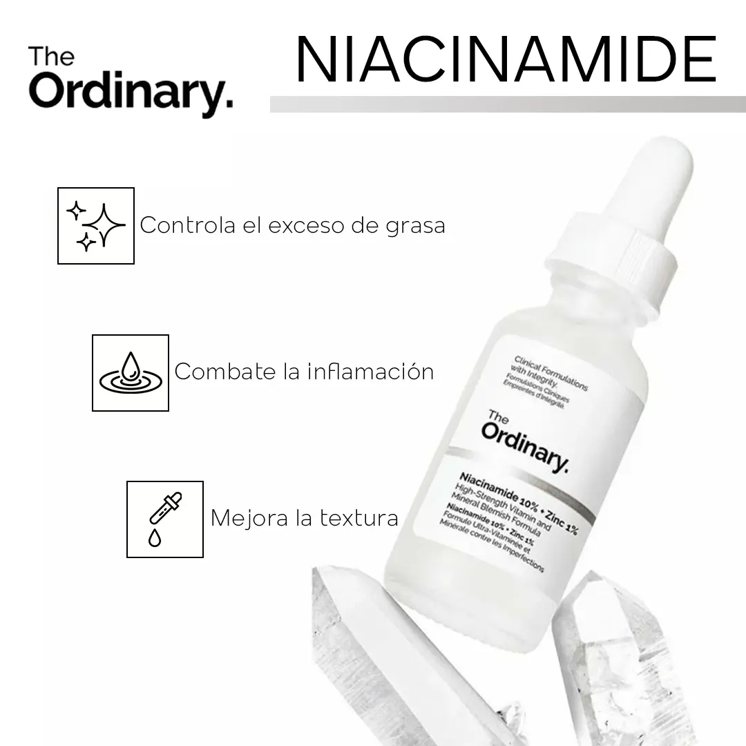 Sérum facial The Ordinary Niacinamida 10% y Zinc 1% de 30 ml inclinado junto a cristales, con beneficios para controlar grasa e inflamación.