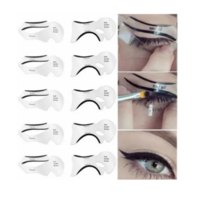 Set de plantillas plásticas flexibles para delinear ojos, con guías curvas para trazos simétricos y paso a paso de aplicación en párpado.