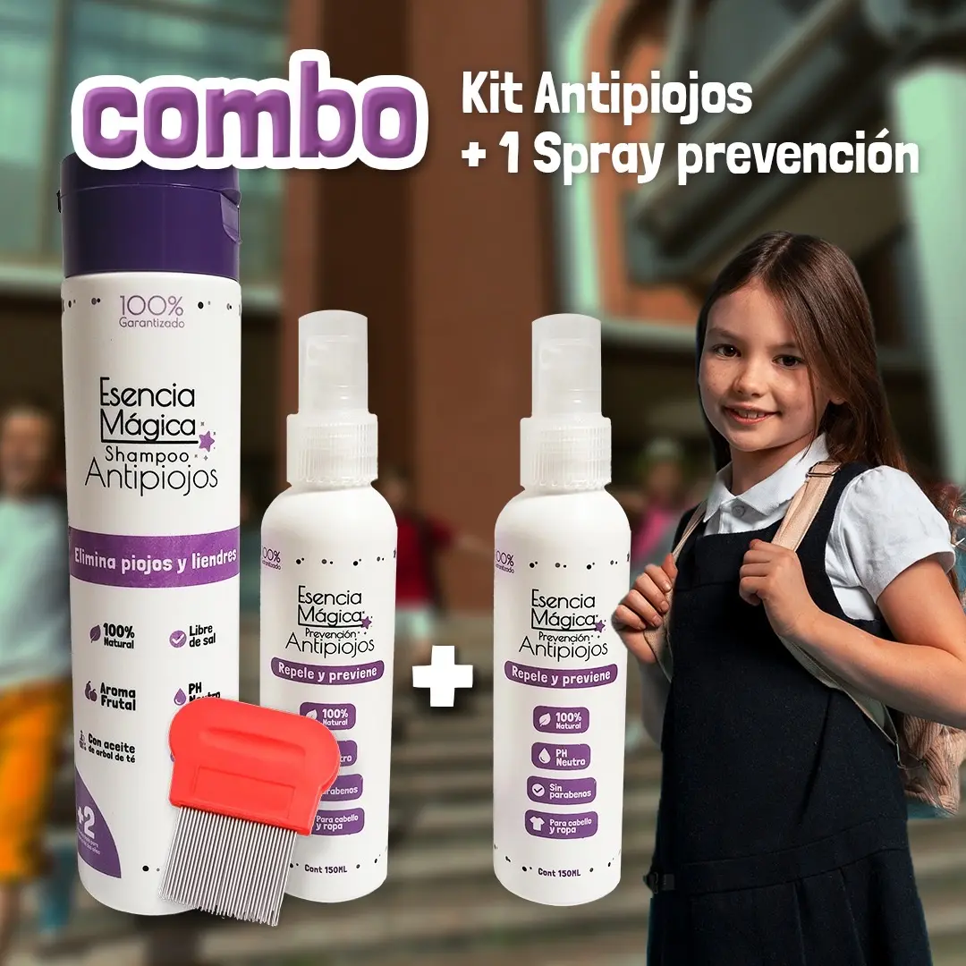 Kit antipiojos escolar con shampoo blanco de botella alta, dos sprays repelentes de 150 ml y peine rojo de cerdas metálicas finas.