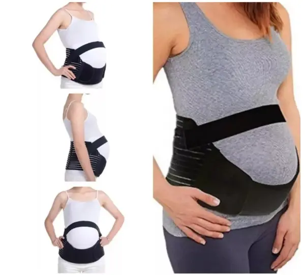 Faja de maternidad negra con soporte lumbar ajustable y banda ancha para el vientre, mostrada en vistas frontal, lateral y primer plano.