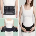 Faja de maternidad negra con soporte lumbar ajustable, muestra tres vistas de uso para aliviar dolores de espalda y pelvis durante el embarazo.