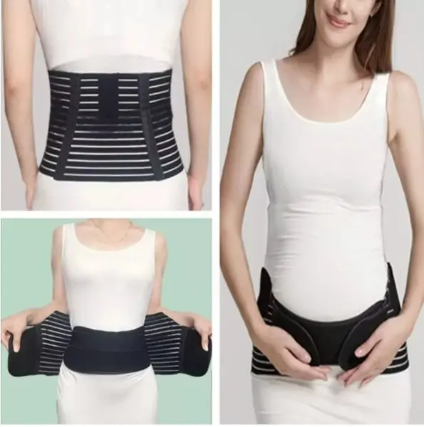 Faja de maternidad negra con soporte lumbar ajustable, muestra tres vistas de uso para aliviar dolores de espalda y pelvis durante el embarazo.