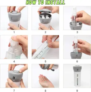 Instrucciones paso a paso para llenar y usar el dispensador viajero 4 en 1 gris y blanco, mostrando el proceso de recarga de sus frascos internos.