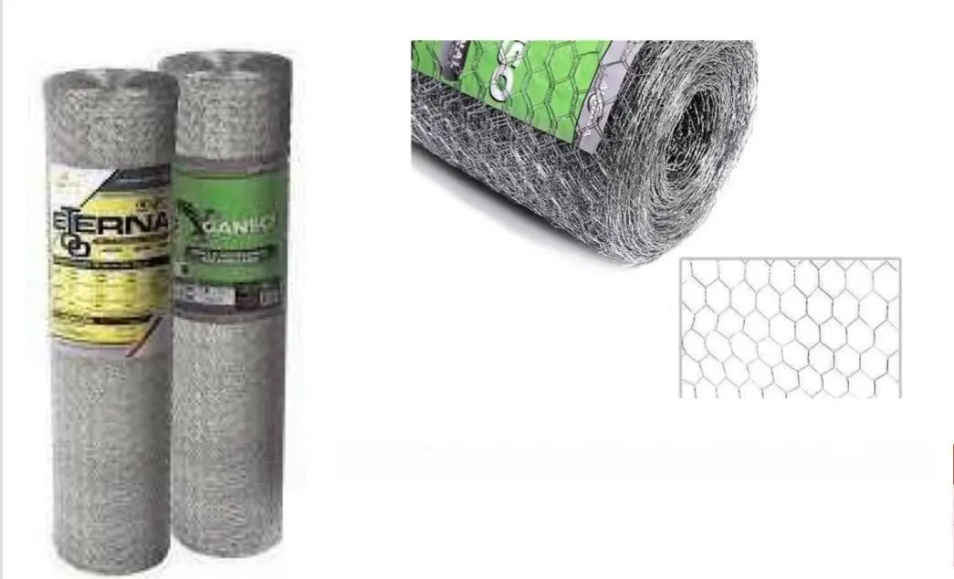 Dos rollos de malla metálica hexagonal gris, uno vertical y otro acostado, con patrón de alambre tejido y etiqueta verde.