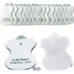 Repuestos Gold Hand para estimulador muscular. Muestra una hilera de parches blancos y un parche individual con vista frontal y cara adhesiva.