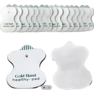 Repuestos Gold Hand para estimulador muscular. Muestra una hilera de parches blancos y un parche individual con vista frontal y cara adhesiva.