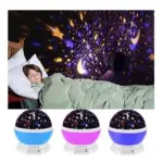 Proyector LED de estrellas esférico con base de color en tonos celeste, rosa y morado, iluminando una habitación infantil con cielo nocturno proyectado en la pared mientras un niño duerme.