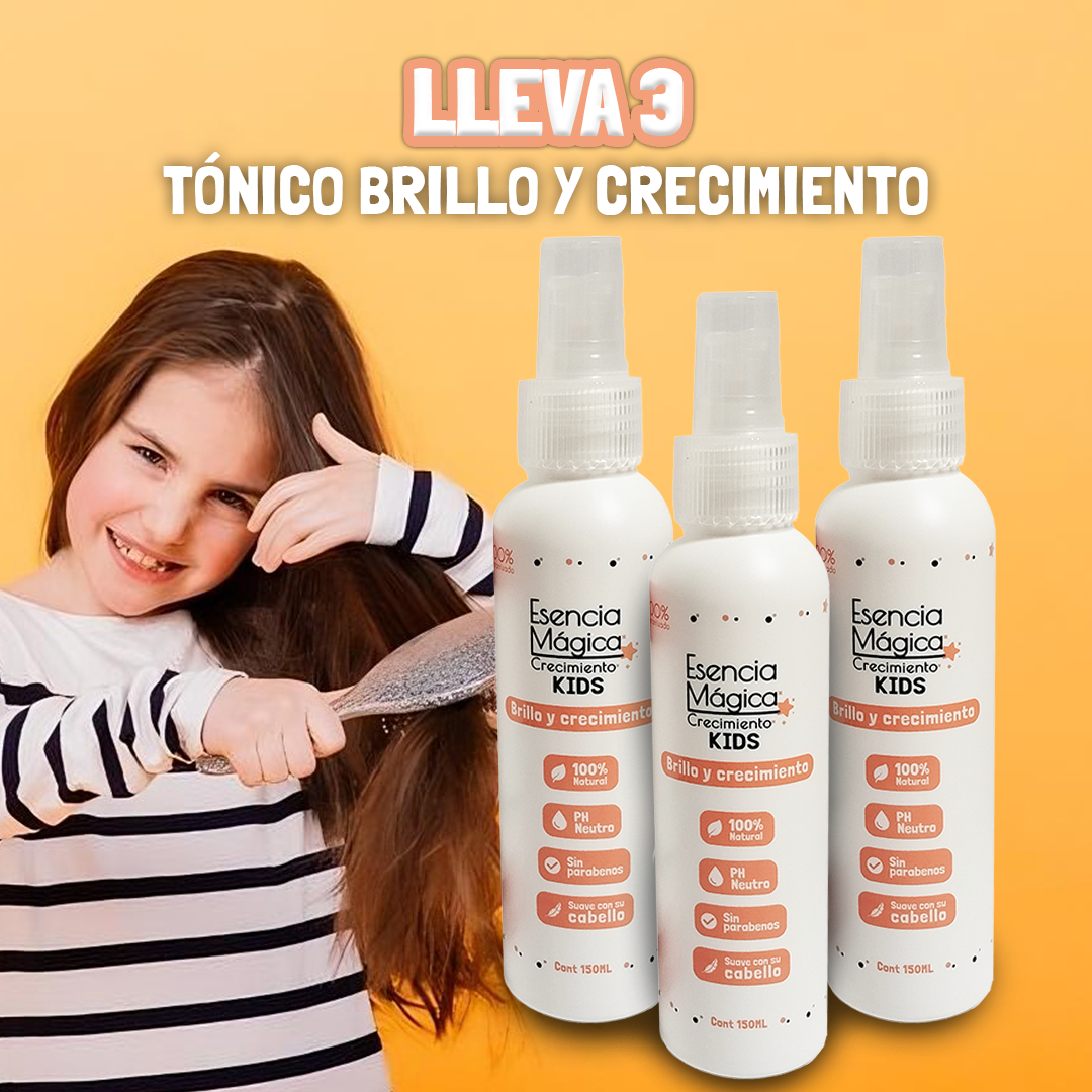 Set de tres tónicos capilares infantiles Esencia Mágica de 150 ml cada uno, de fórmula natural con dispensador en spray para brillo y crecimiento.