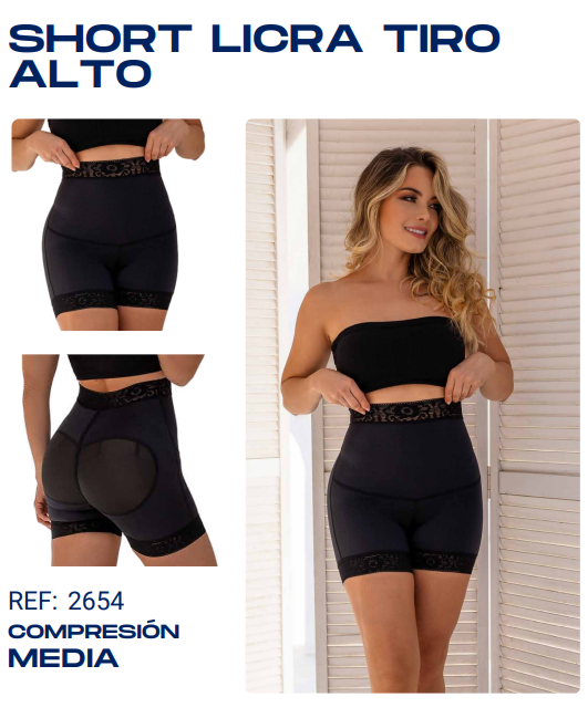 Short de licra negro de tiro alto con encaje, compresión media, diseño moldeador de abdomen y glúteos, visto de frente y de espaldas.