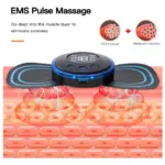Masajeador eléctrico EMS inalámbrico negro y azul con dos parches y pantalla digital que estimula los músculos.