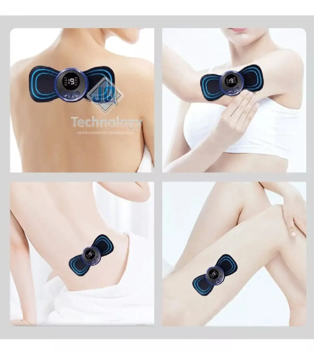 Set x2 parche masajeador eléctrico EMS inalámbrico con panel digital, colocado en la espalda, brazo, cintura y muslo de una mujer.