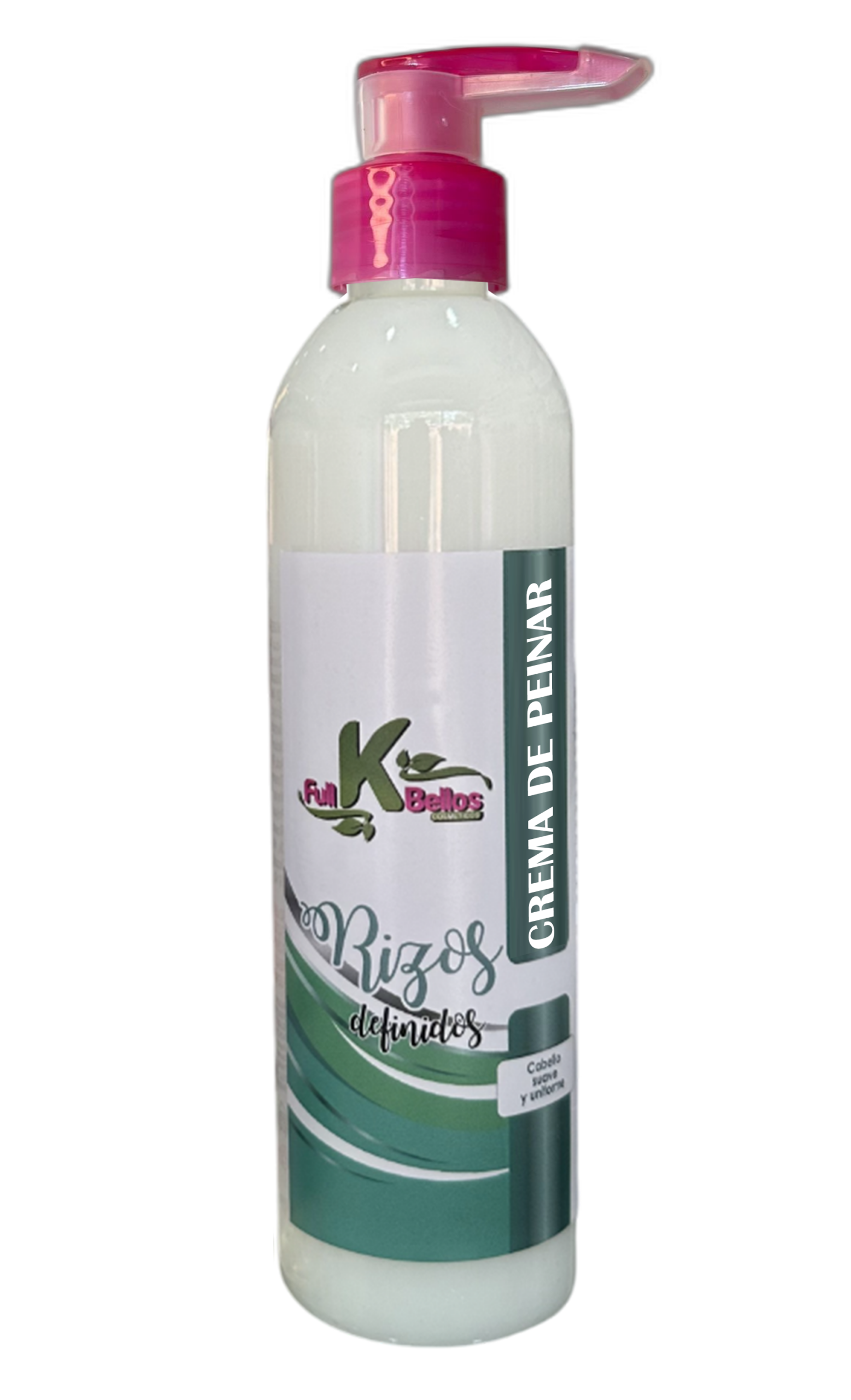 Botella plástica con dispensador rosa que contiene 500 ml de crema para peinar para rizos definidos con etiqueta verde y blanca.