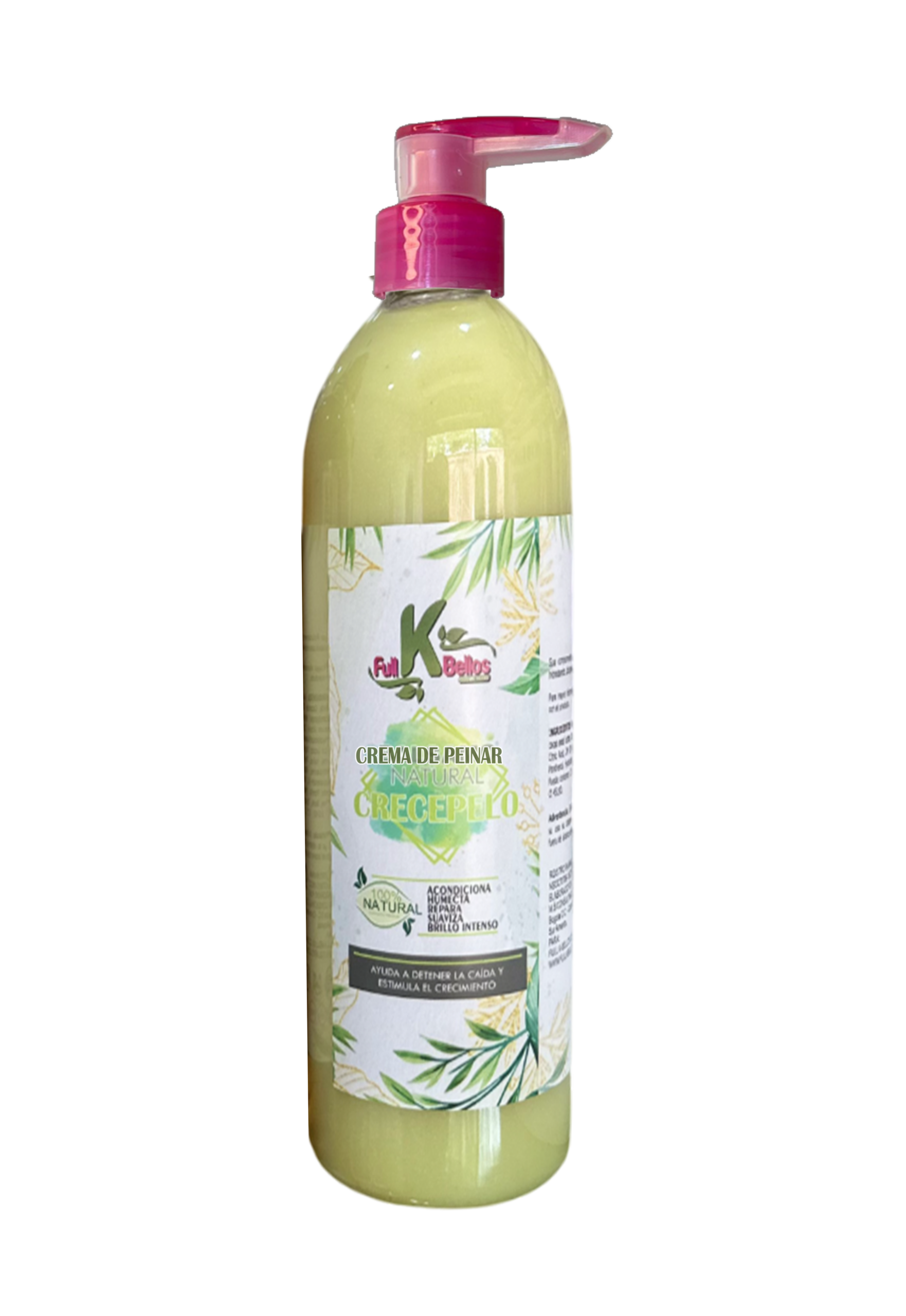 Crema de peinar capilar en botella cilíndrica de quinientos mililitros con dosificador rosado y etiqueta botánica verde.