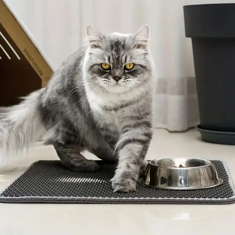 Tapete arenero para gato gris de goma EVA de doble capa sobre el piso, con un comedero metálico encima y gato de pelo largo detrás.