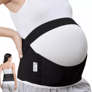 Faja de embarazo negra con soporte abdominal ergonómico y banda de elevación. Muestra el uso en el vientre y el ajuste en la zona lumbar.
