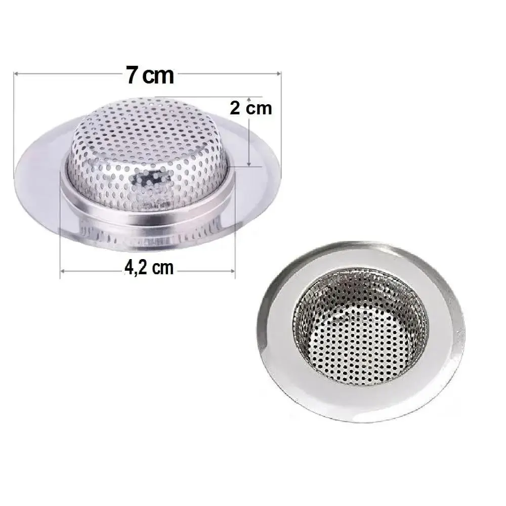 Colador de desagüe de acero inoxidable plateado con rejilla perforada, 7 cm de diámetro exterior, base de 4,2 cm y altura de 2 cm.