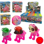 Muñecos elásticos Goo Jit Zu de la Patrulla Canina con cuerpos transparentes rellenos de esferas de gel de colores, exhibidos en caja y sueltos.