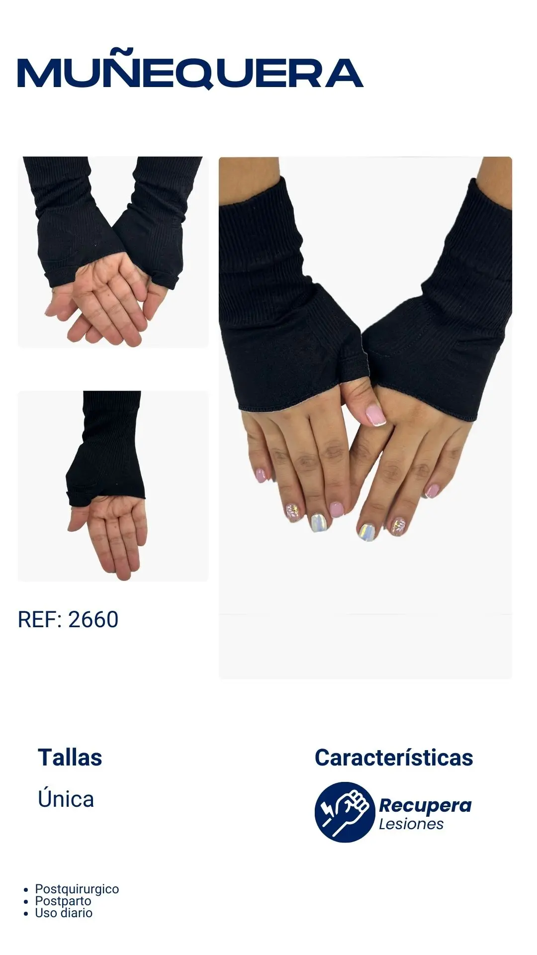 Par de muñequeras deportivas negras de compresión, estilo guante sin dedos, fabricadas en tela elástica acanalada.