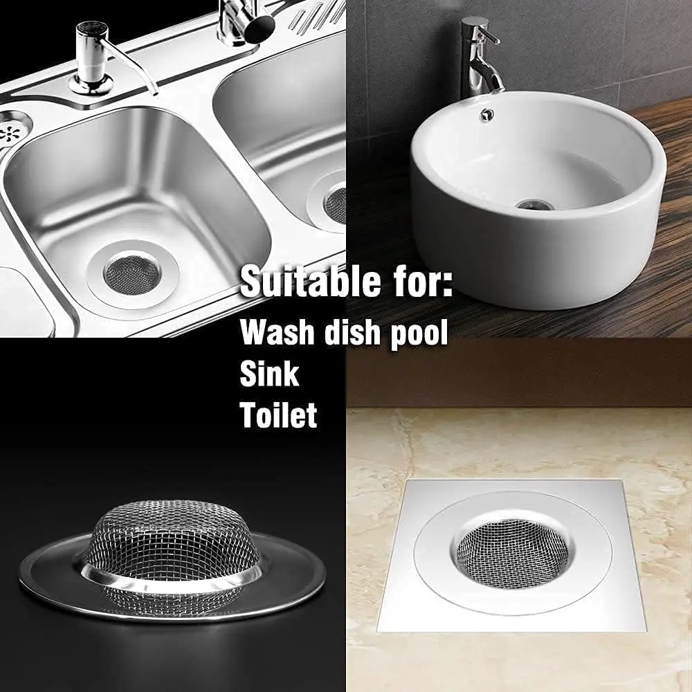 Colador de malla de acero inoxidable para lavaplatos, lavamanos y desagües, mostrado en diversos usos para prevenir obstrucciones en tuberías.