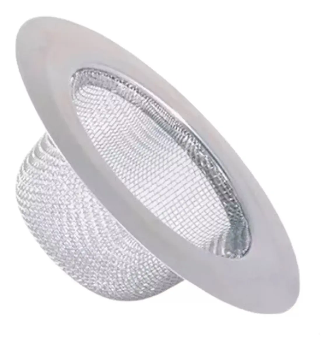 Rejilla de malla de acero inoxidable para lavaplatos con borde circular plano y canastilla profunda de rejilla fina.