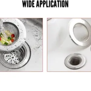 Dos coladores de acero inoxidable para desagüe en uso, uno atrapando residuos de comida en lavaplatos y otro con restos de cabello en lavamanos.