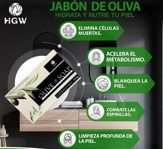 Jabón de oliva HGW de 100g sobre fondo de baño, con beneficios para hidratar, nutrir, exfoliar y limpiar profundamente la piel.