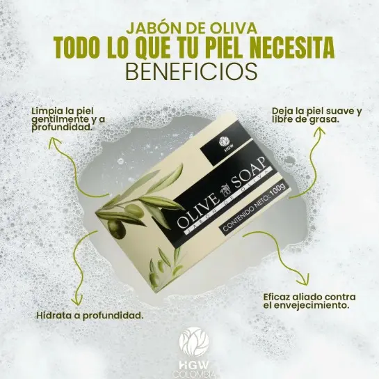 Jabón corporal de oliva en pastilla sobre espuma, color beige con diseño de aceitunas, empaque de 100 gramos que limpia y suaviza la piel.