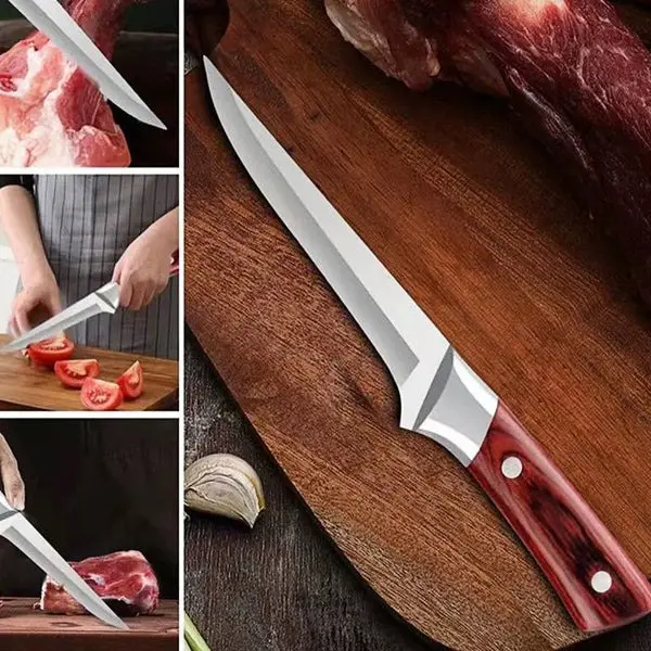 Cuchillo de acero inoxidable con mango de madera rojiza en collage, mostrando cortes de carne y vegetales sobre tablas de madera.