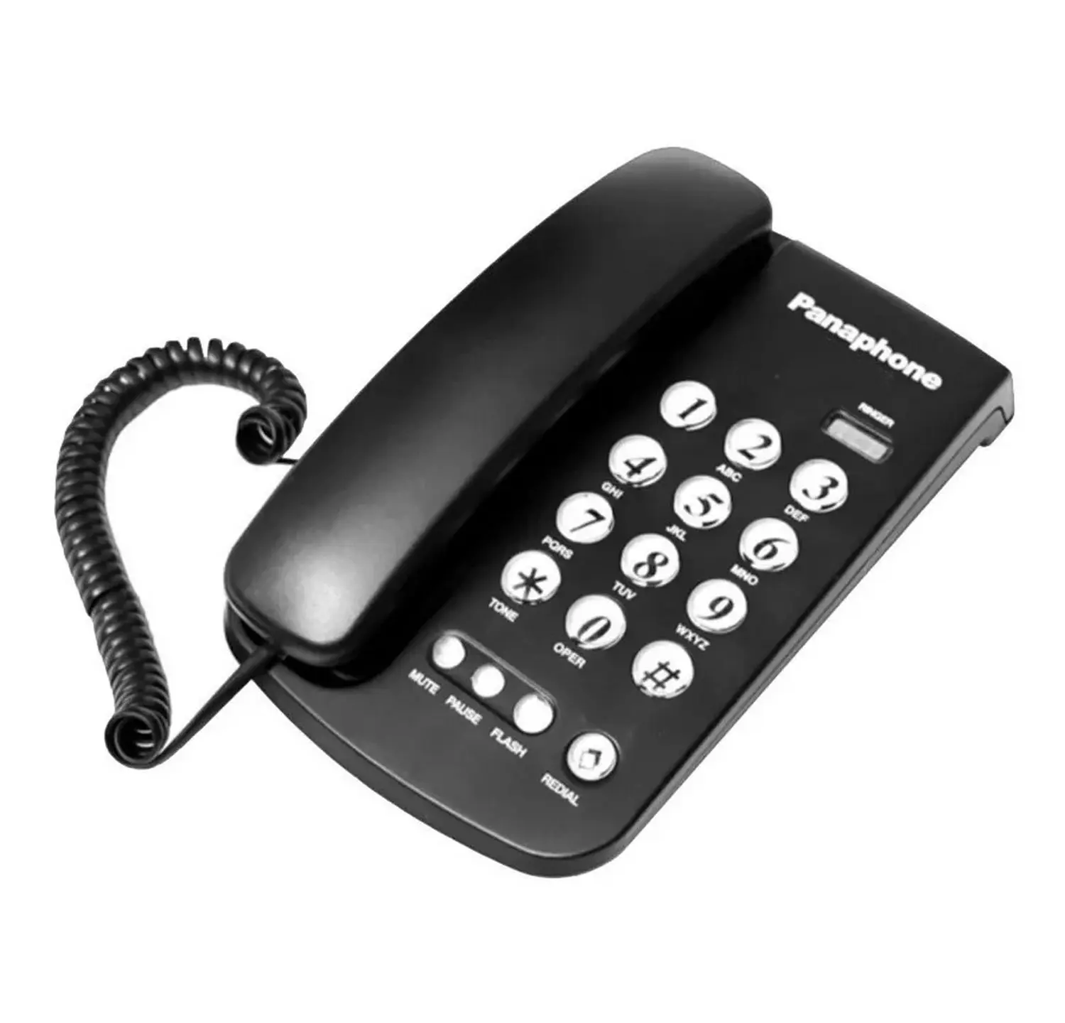 Teléfono fijo de escritorio Panaphone negro con botones grandes, auricular de cordón rizado, funciones de silencio y rellamada.