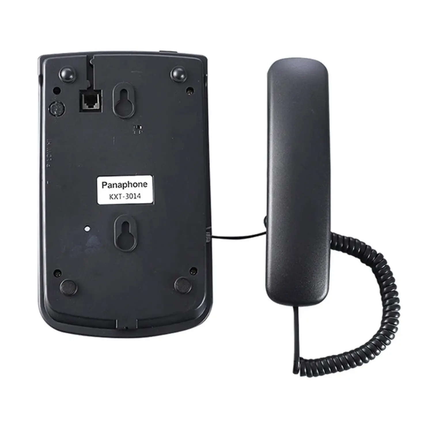 Vista trasera de teléfono fijo Panaphone KXT-3014 negro, con auricular y cable en espiral, mostrando puertos y etiqueta de modelo.